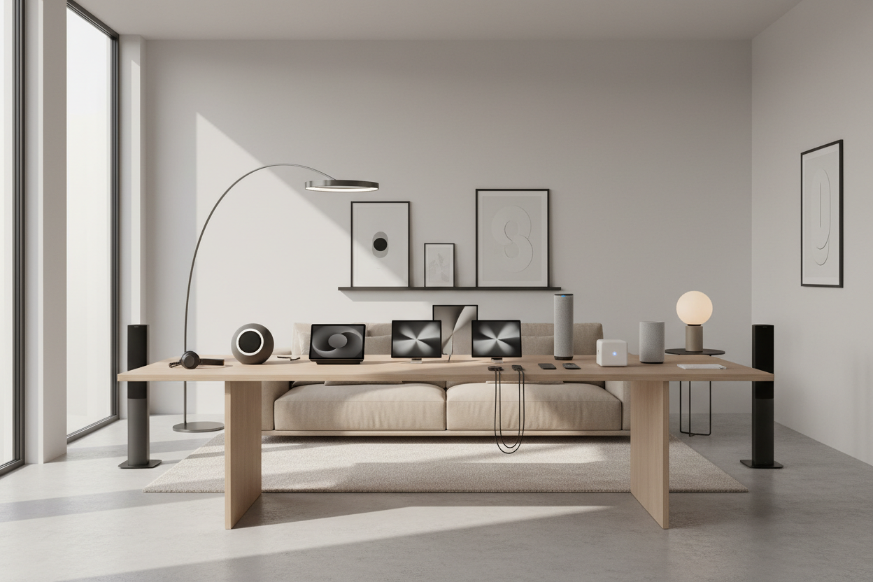 an electronic home items and gadgets in a room on the table. And use mainly black, white, grey and beige colors