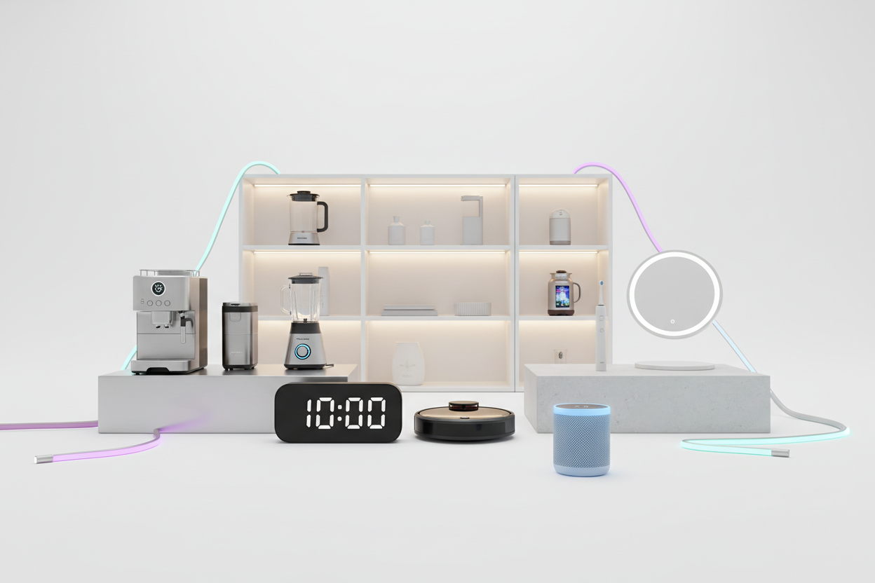 an image that includes all electronic home items such as elecrtonic clock, vacuum, shelf, kitchen and bathroom items, living room items 